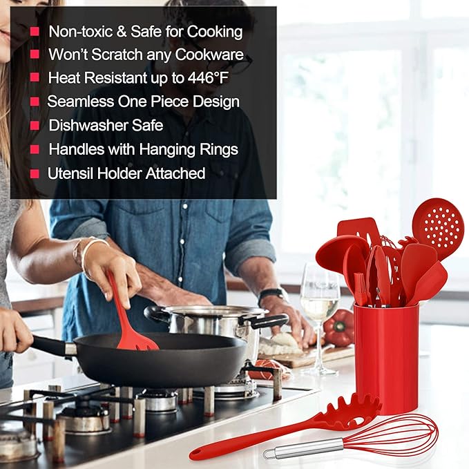 LIANYU 12-Piece Red Silicone Kitchen Cooking Utensils with Holder, Kitchen Tools Set Include Slotted Spatula Spoon Turner Ladle Tong Whisk, Dishwasher Safe