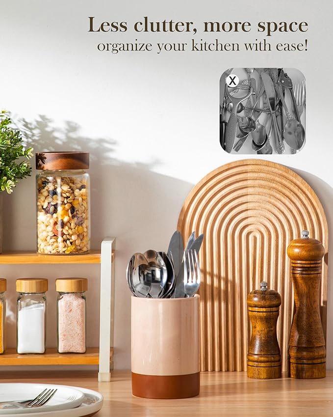 MALACASA Utensil Holder, 5.5" Ceramic Kitchen Utensil Holder for Countertop, Cooking Utensil Crock for Kitchen Counter, Farmhouse Utensil Organizer for Spatula & Spoon, Khaki Pink, Series TARA