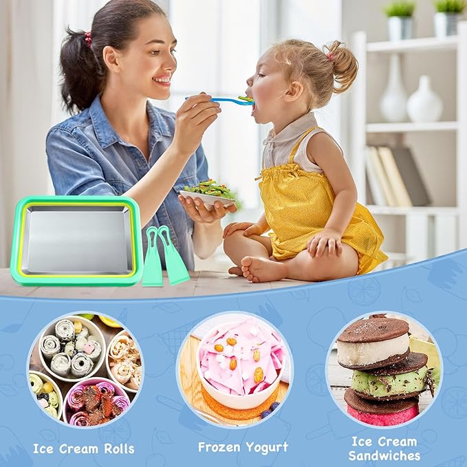 Mini Rolled Ice Cream Maker, Frozen Yogurt Rolls Tray, Instant Cold Plate Ice Cream Maker, Homemade DIY Smoothies, Ideal for Family Hands-on Activities (Mint Green)