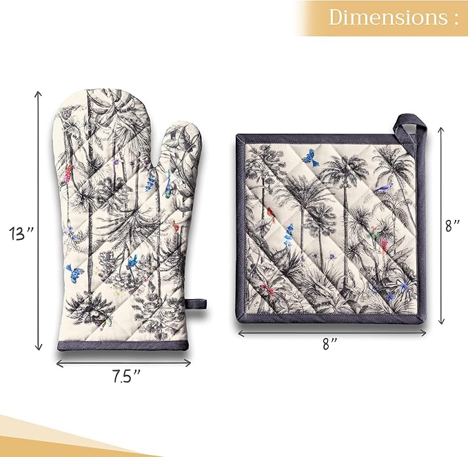 Maison d' Hermine 100% Cotton Oven Mitt & Pot Holder Set (7.5"x13" & 8"x8") Heat Resistant BBQ Cooking Gloves with Loop, Baking, Grilling, Kitchen, Handling Hot Pans (Amazonia)