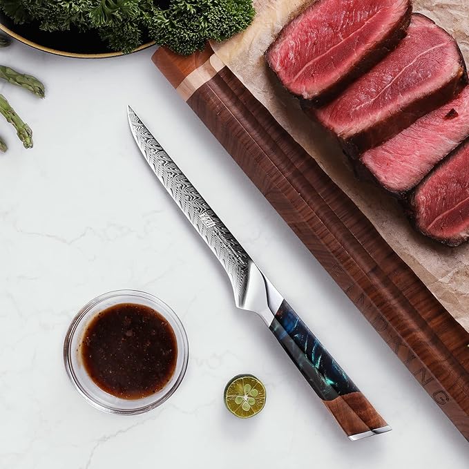 FINDKING Nebula Series Boning Knife, Versatile Deboning Knife, 10Cr15CoMov Damascus Steel Blade, Resin and Figured Sycamore Handle, Full Tang, 5.5 Inch, Blue, for Skinning, Removing Fat, Filleting