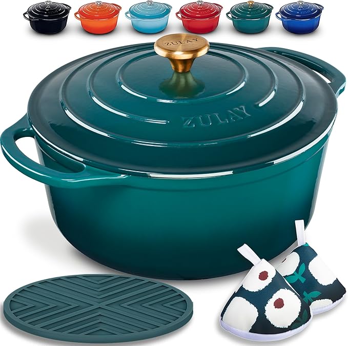 Zulay Kitchen 7.7 Quart Enameled Cast Iron Dutch Oven with Lid, Silicone Trivet & Heat Pad – Premium Durability & Oven Safe up to 500°F – Heavy Duty Cookware Perfect for Bread Baking, Stews, Braising & Roasting – emerald