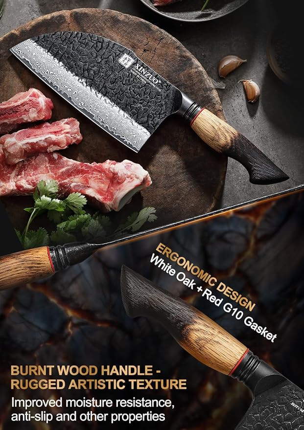 XINZUO 7.3 Inch Hand Forged Butcher Knife With Sheath,67-Layer Damascus Steel With 7Cr17Mov Core Big Knife For Meat Cleaver Cutting Vegetable Cleaver For Kitchen,Camping