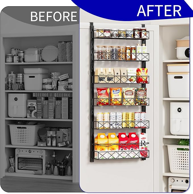 MIAOLI Over the Door Organizer, Black 6-Tier Pantry Door Organizer with Adjustable Basket, Hanging Spice Rack Cabinet Door Shelves, Laundry Room Organization and Storage