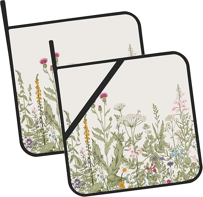 Vintage Wild Flower Pot Holders for Kitchen Heat Resistant Pot Holders Set of 2 Oven Hot Pads Pot Holders for Cooking Baking BBQ Gifts for Women