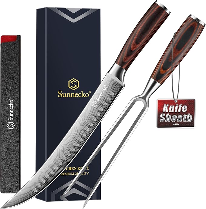 Sunnecko Butcher Knife,Razor Sharp Breaking Knife for Meat Cutting,High Carbon German Steel Carving Knives with Meat Fork