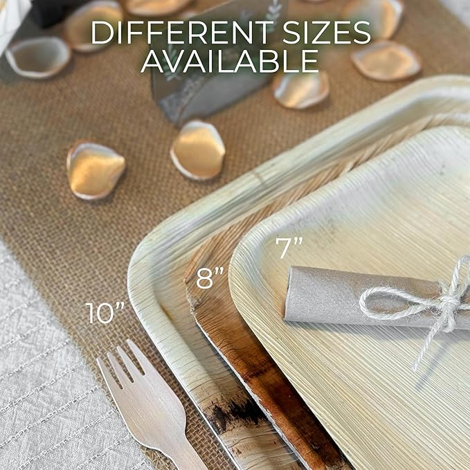 Compostable Square Palm Leaf Plates 8 Inch with Forks & Knives (50 Each) - Like Bamboo Plates, Disposable Party Plates, Biodegradable, Eco-Friendly, Microwave & Oven Safe