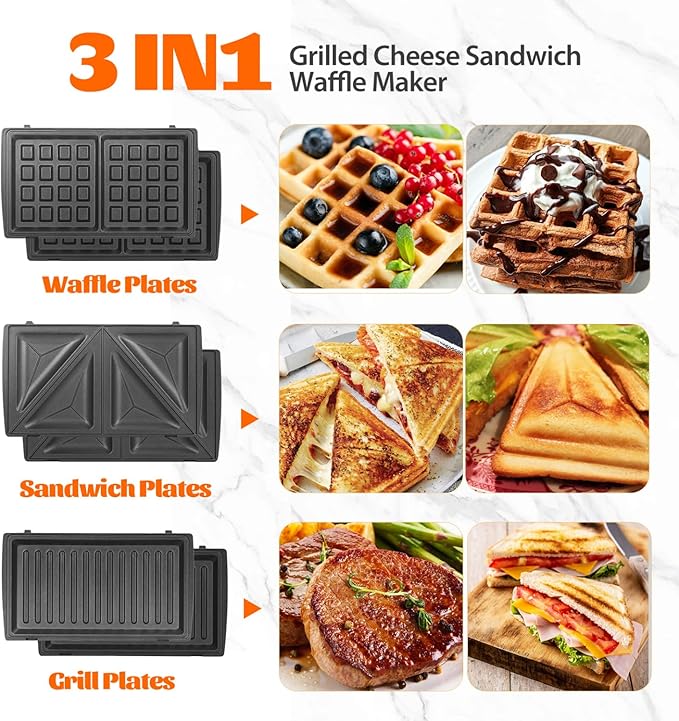 Aigostar Sandwich Maker Panini Press Grill, 3 in 1 Waffle Maker with Removable Non-stick Plates, Electric Grilled Cheese Maker, Portable Cool Touch Handle, Led Indicator Lights & Easy to Clean, 750W