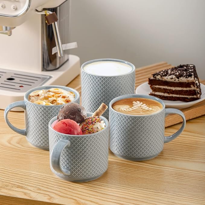 Hasense Coffee Mugs with rack, 15 Ounce Porcelain Stackable Large Ceramic Blue Coffee Cups Set of 4 with handle for Drinks Like Tea, Cappuccino, Milk, Mocha and Cereal, Microwave & Dishwasher Safe