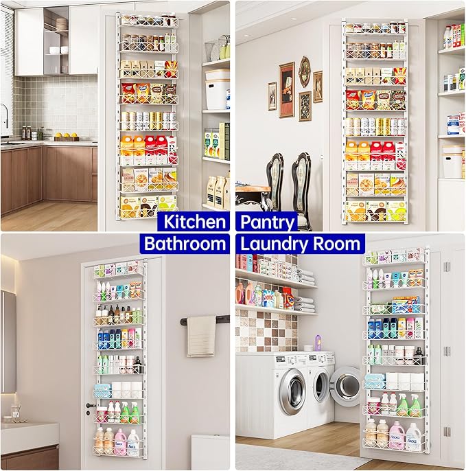 MIAOLI Over the Door Organizer, White 8-Tier Pantry Door Organizer with Adjustable Basket, Hanging Spice Rack Cabinet Door Shelves, Laundry Room Organization and Storage
