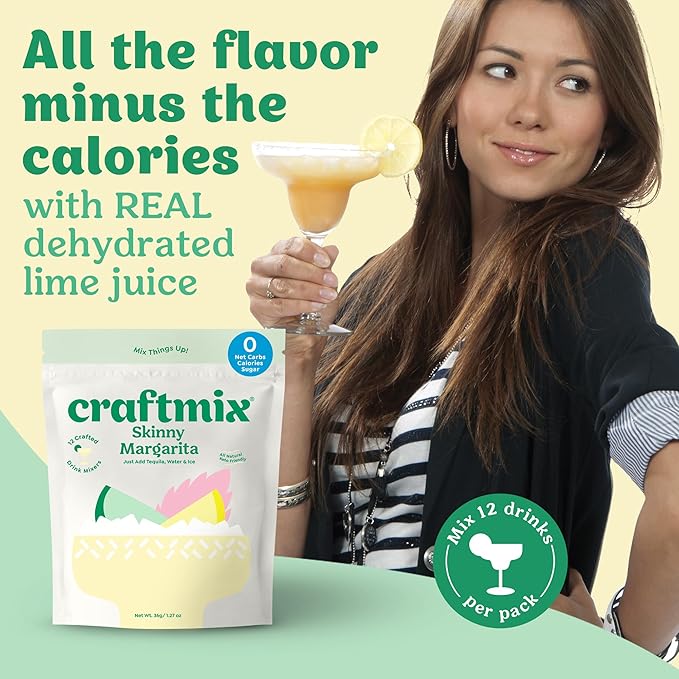 Craftmix Skinny Margarita Cocktail Mixers - Makes 12 Drinks - Zero Sugar, Zero Net Carbs, Zero Calories Mocktail Drink Mixers - Real Fruit - Vegan, Non-GMO, Dairy Free, Gluten Free