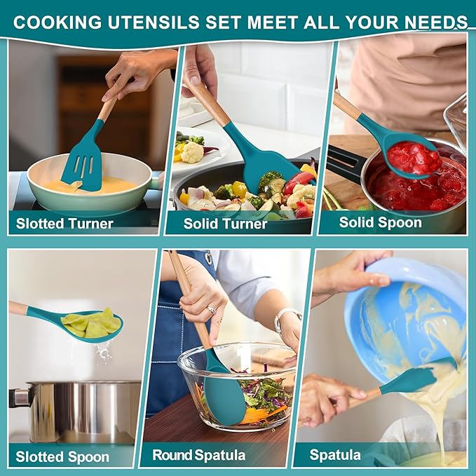 P&P CHEF Silicone Cooking Utensils Set, 12PCS Kitchen Utensils Set with Wooden Handle for Nonstick Cookware, Ladle, Spoon, Spatula, Tong, Heat-resistant & Non-scratch, Non Smell & Healthy, Blue