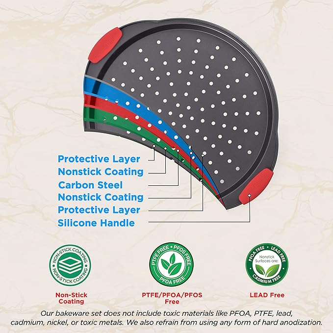 NutriChef Non-Stick Pizza Tray with Silicone Handles, 4-Pack Round Steel Non-Stick Pans with Perforated Holes, Premium Bakeware, Pizza Trays with Silicone and Oversized Handles, Dishwasher Safe