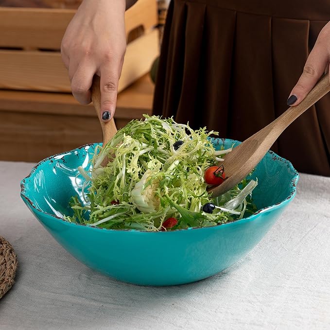 LEHAHA Vintage Melamine Salad Bowls Set, 2 pieces 130 OZ Large Pasta Bowls and Mixing Bowls, 12 inches Chip resistant Large Serving Bowls for Entertaining, Dishwasher Safe, Teal…