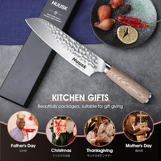 Huusk Japan Knife 7-Inch Santoku Chef Knife Professional Hand Forged High Carbon Steel Kitchen Knives, Japanese Santoku Knives for Meat Vegetables - Wood Handle, Father's Day Christmas Gift Men Women