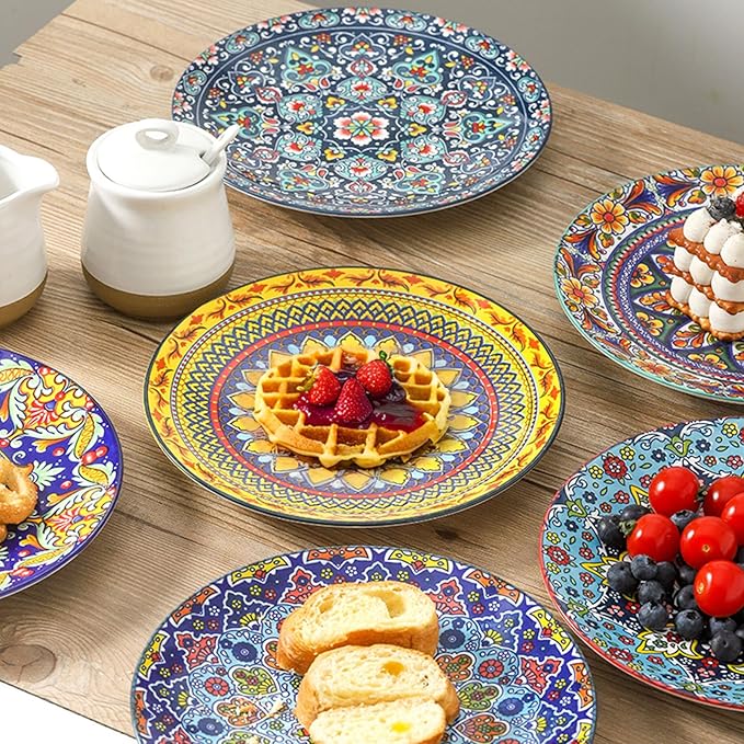 glowworm Salad Plates Set of 6, 8.5 Inch Ceramic Dinner Plates, Colorful Bohemian Dessert Plates Set for Kitchen, Restaurant, Housewarming Gift, Microwave, Oven and Dishwasher Safe