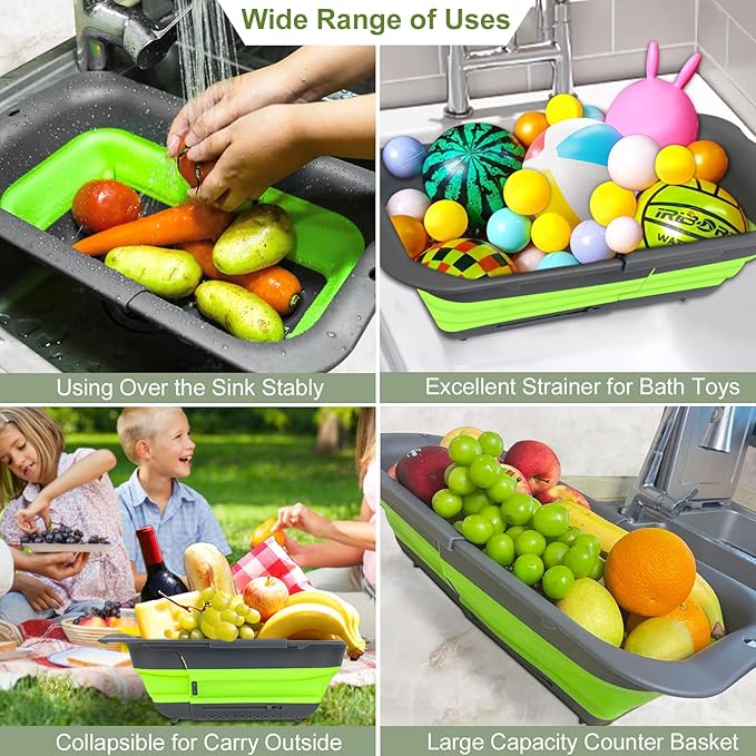 ROTTOGOON 7Qt Collapsible Colander Strainer, Expandable Over the Sink Colander, Adjustable Silicone Kitchen Sink Strainer, Foldable Large Colanders Basket to Wash Vegetable, Fruit, 15" to 19.8", Green