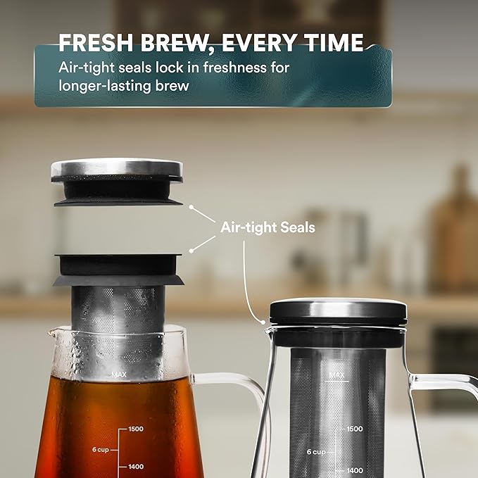 OVALWARE Airtight Cold Brew Iced Coffee Maker Pitcher (& Iced Tea Maker) with Spout – 1.5L/ 51oz Brewing Glass Carafe with Removable Stainless Steel Filter