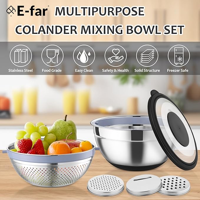 E-far Colander with Mixing Bowl Set, 4-1 Stainless Steel Colander Strainers Bowl with Graters for Kitchen, Rotatable Food Strainer Bowl for Rinsing Fruits Vegetables/Draining Pasta - Black