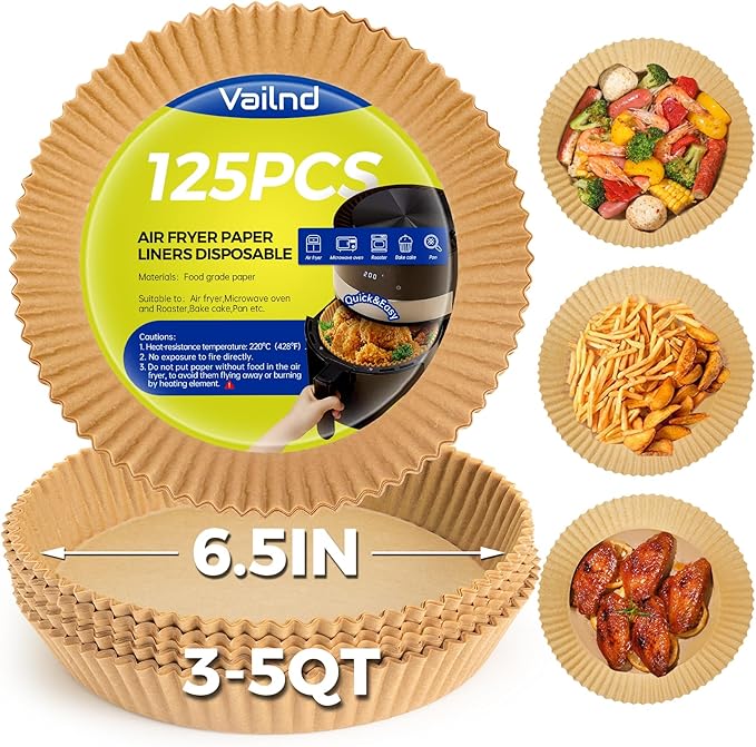 Air Fryer Paper Liners: 125Pcs Air Fryer Liner Disposable, Oilproof Waterproof Airfryer Parchment Paper Baking Liner Round Basket(6.5inch)