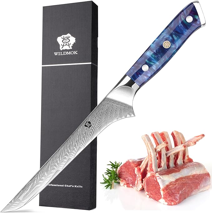 WILDMOK Damascus Boning Knife, 7 inch Super Sharp Fillet Knife, Japanese Damascus Steel, Full Tang Resin Handle, Includes Gift Box