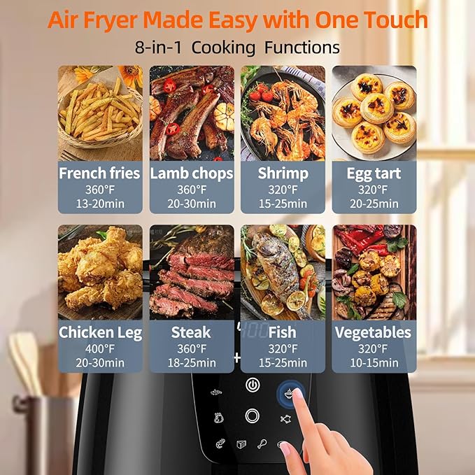 5.8 QT Large Digital Air Fryer with Window for Kitchen Use,Nonstick Made without PFAS, Touchscreen Display,400F,Customized Temp/Time,NonStick Basket,Black