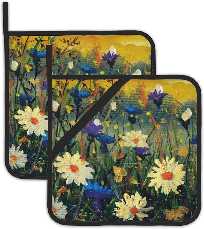 Daisies Flowers Pot Holders Set of 2 Heat Resistant Potholders,Fire Oven Hot Pads for Kitchen Cooking Baking Barbecue