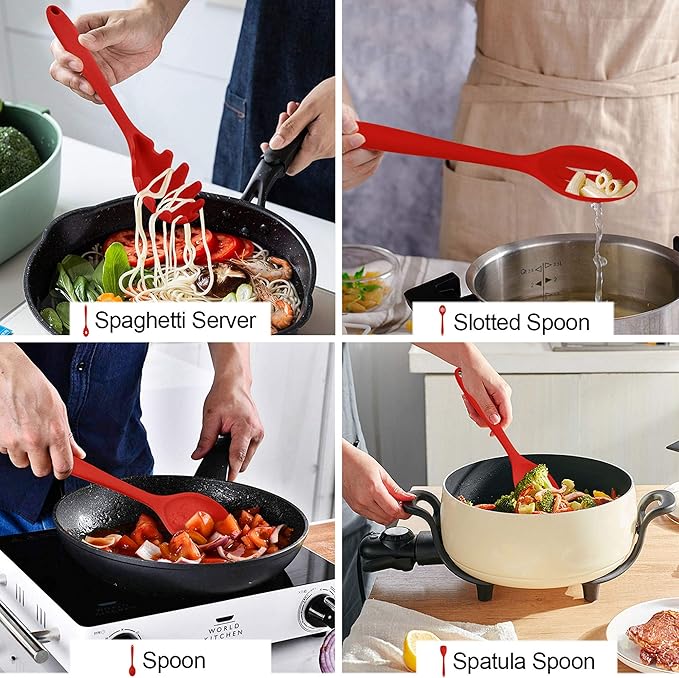 LIANYU 12-Piece Red Silicone Kitchen Cooking Utensils with Holder, Kitchen Tools Set Include Slotted Spatula Spoon Turner Ladle Tong Whisk, Dishwasher Safe