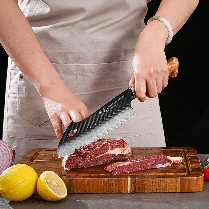 SHANGDAO Damascus Santoku Knife 7.5 Inch, 67 Layers Alloy Steel, With Professional Hand Forged Resin & Wood Handle QILIN Series