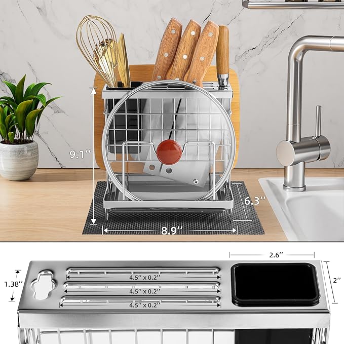 Knife Block Holder, Kitchen Knife Holder Storage Organizer,Utensil & Cutlery Caddy, Cutting Board Holder, Pot Lid Stand with Anti-Slip Pad for Countertop, Space-Saving (Silver)