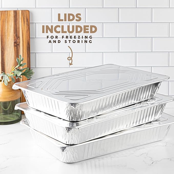 PLASTICPRO 10 Pack Aluminum Pans 13'' x 21" Disposable Pans with Covers Heavy Duty 20 lb Foil Pans for Baking and Cooking