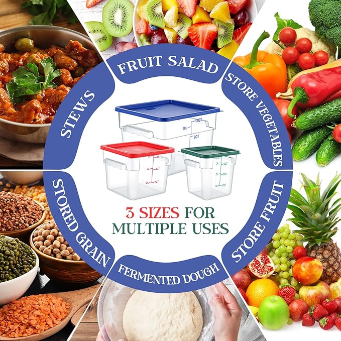 8 Set Square Food Storage Containers with Lid Contains 4 Pcs 6 Qt, 12 Quart and 4 Quart 2 Each, Clear Polycarbonate Commercial Food Storage Container Dough Proofing for Restaurant Home