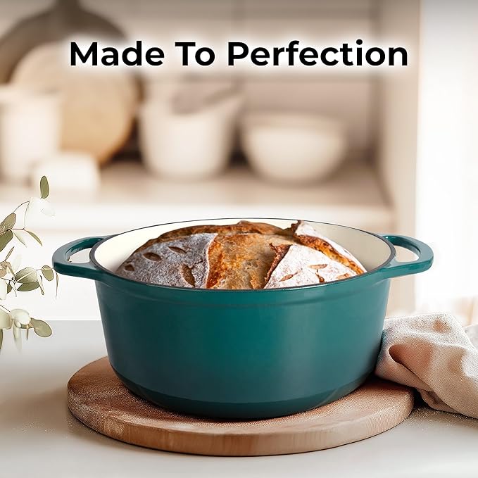 Zulay Kitchen 7.7 Quart Enameled Cast Iron Dutch Oven with Lid, Silicone Trivet & Heat Pad – Premium Durability & Oven Safe up to 500°F – Heavy Duty Cookware Perfect for Bread Baking, Stews, Braising & Roasting – emerald
