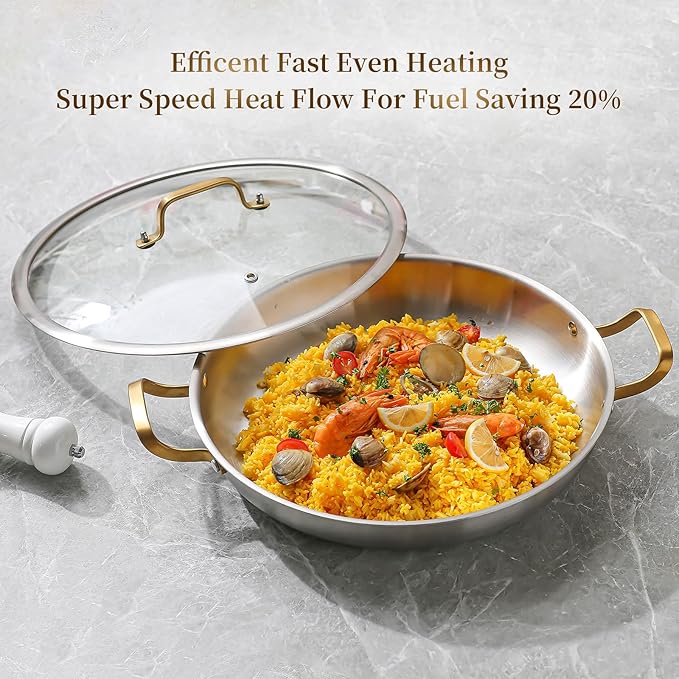 DELARLO Paella Pan With Lid, 14 Inch, Tri-Ply Stainless Steel Large Skillet, Everyday Pan, Fast & Even Heating Induction Cooking Pan, Dishwasher and Oven Safe, Heavy Duty Style
