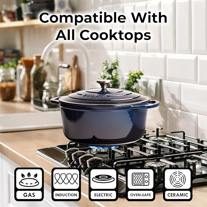 Zulay Kitchen 6 Quart Enameled Cast Iron Dutch Oven with Lid - Premium Durability & Oven Safe up to 500°F – Heavy Duty Cookware Perfect for Bread Baking, Stews, Braising & Roasting - Lapis Lazuli