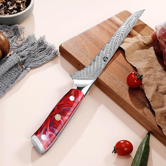 WILDMOK Boning Knife, Damascus Super Steel Forged 67 Layers, Meat Cutting, Trimming, Deboning, Full Tang Resin Handle, Gift Box Included