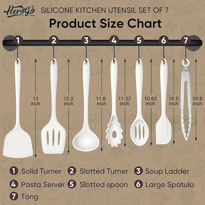 Herogo Silicone Cooking Utensils Set, 7-Piece Kitchen Utensils Set, Heat Resistant Cooking Gadget Tools Slotted Turner, Spoon, Soup Ladle, Pasta Server, Spatula, Tongs for Nonstick Cookware, White