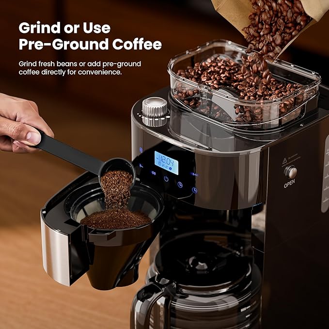 Kismile 10-Cup Digital Drip Coffee Maker with Built-In Grinder, 12-Hour Timer, Programmable, 1.5L Water Tank, Keep-Warm Function, Combo Brewer and Grinder for Home & Office Use
