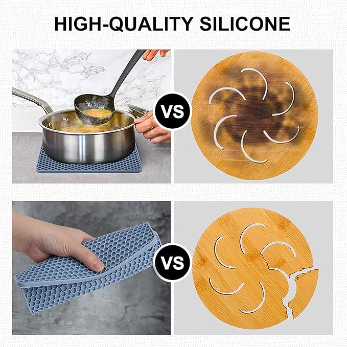 4 Pack Silicone Trivet Mat, Silicone Trivets for Hot Pots and Pans, Non-Slip & Heat Resistant Silicone Hot Pad for Kitchen Counter Mat Set, Soft Drying Mat, Jar Opener and Coasters, Square, Blue