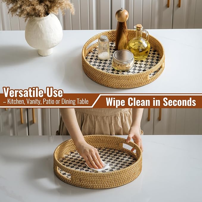 13.8 in Round Rattan Serving Tray with Handle, Mother of Pearl Tray Wooden Base, Decorative Wicker for Table, Kitchen Island & Home Decor (Black Checkerboard)