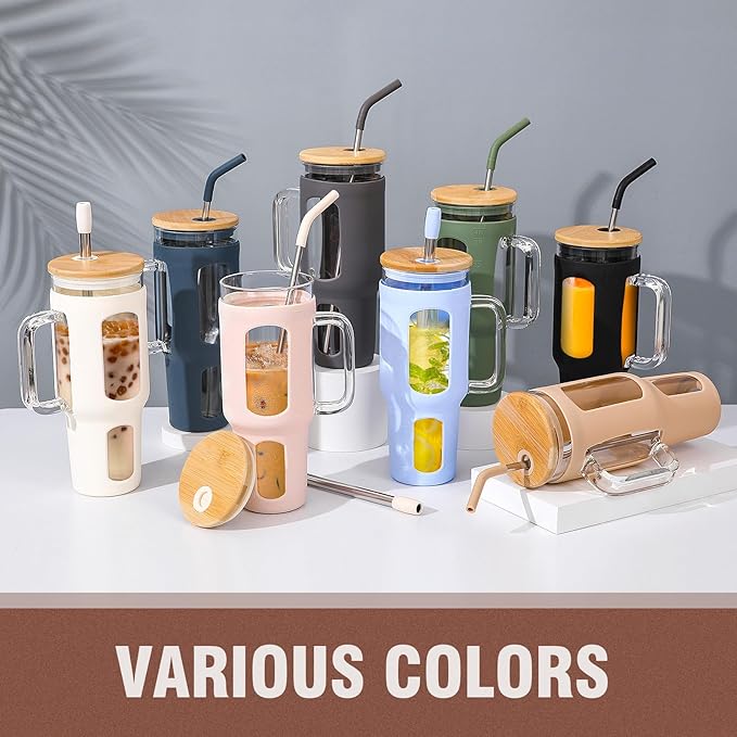 Glass Tumbler with Lid and Straw, 46 oz Iced Coffee Cup with Handle, Large Water Bottles with Silicone Sleeve, Glass Cup with Straws - Pearl Straw & Drinking Straw BPA Free-Amber