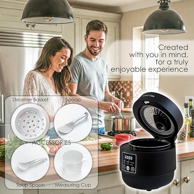 MAGiC COM Rice Cooker 4 Cup(Uncooked) 8 Cup(Cooked), Small Rice Cooker with Steamer, One Touch Healthy Cooking & Warmer, Slow Cooker with Nonstick Inner Pot, 24 Hour Delay Timer, Grain Cooker/Black
