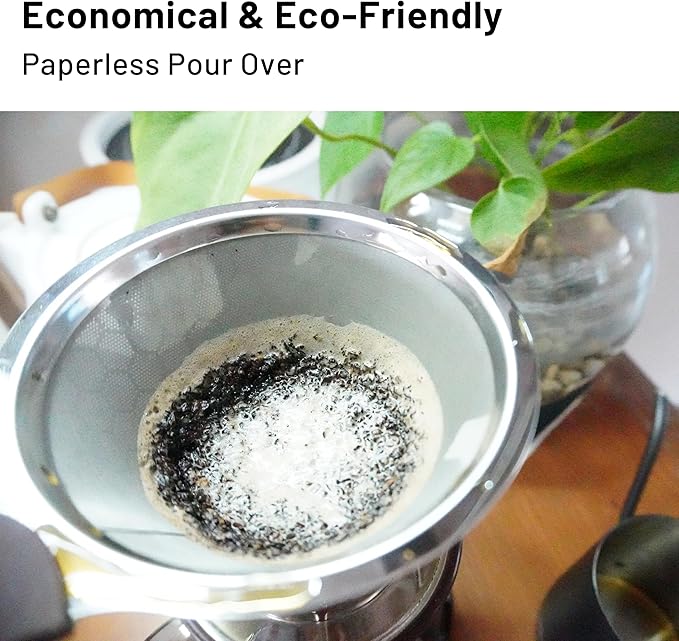 Pour Over Coffee Dripper, Stainless Steel Coffee Filter, Reusable Coffee Filter, Metal Cone Filter with Removable Cup Holder and Cleaning Brush