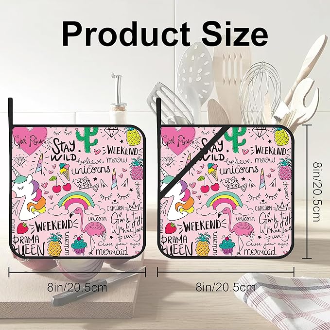 Pink Flamingo Unicorn Pot Holders Set of 2 Heat Resistant & Non Slip Potholders, Cute Drawing Oven Hot Pads for Kitchen Cooking Baking Barbecue