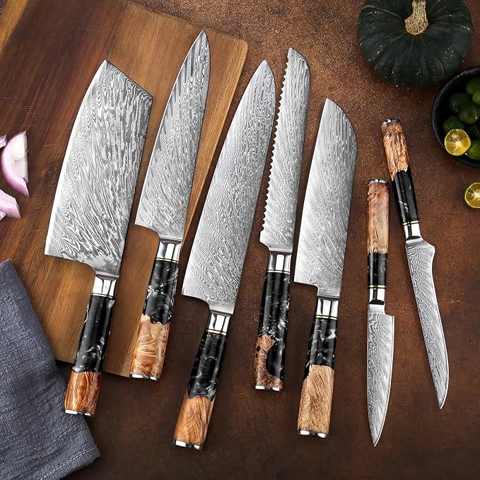 SENKEN 7-Piece Damascus Kitchen Knife Set - Tsunami Collection - 67-Layer Japanese VG10 Steel - Chef's Knife, Cleaver, Santoku, Bread, Boning, & More (Black Resin Blend)