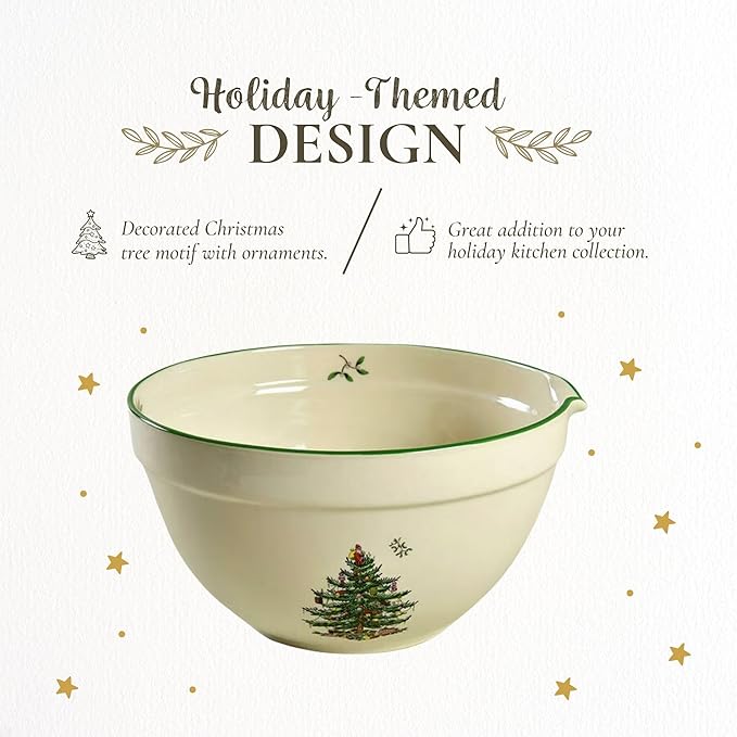 Spode Christmas Tree Mixing Bowl with Spout, 2-Quart Batter Bowl with Pour Spout, Measures 9-Inches, Holiday Serving Dishes, Dishwasher and Microwave Safe