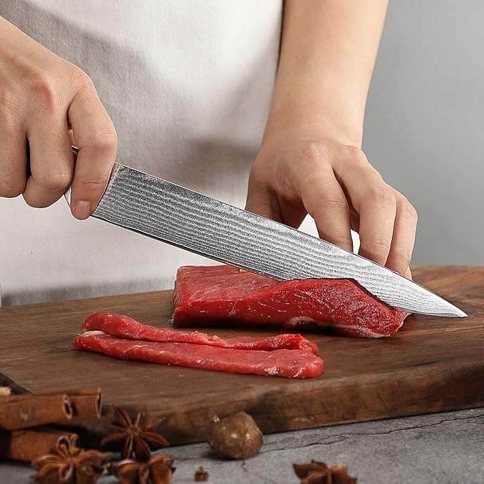 Damascus Kitchen Knife, 8 Inch Slicing Knife Professional Kitchen Knife Forged with VG10 Super Steel 67-Layer Damascus, Non-slip ABS Ergonomic Triple Rivet Handle, Razor Sharp Lightweight Multipurpose