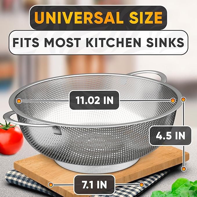 Stainless Steel Colander for Kitchen - 5Qt Rice Strainer With Handles, Perforated Design, Dishwasher Safe, Rust-Resistant - Versatile Pasta Strainer for Grains, Beans, Spaghetti, Veggies, Fruits
