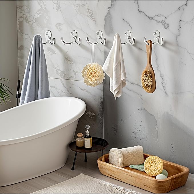 Coat Hooks Wall Hooks for hanging - 8 pack Silver Double Prong Hook Wall Mounted - Great for Living Room, Kitchen, Bedroom for Coat, Bag, Scarf, Towel, Hat, Key, Cup,Sturdy, Durable, Rust-Resistant