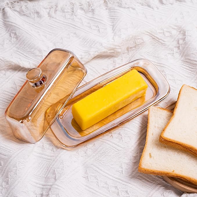 Glass Butter Dish with Lid for Countertop, Champagne Crystal Covered Butter Holder Tray Container(7.9*3.55 in)